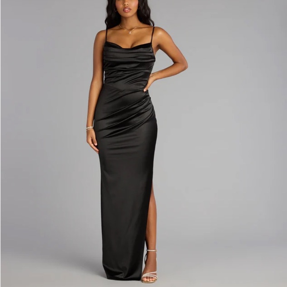 Windsor Black Cowl Neck Slit Satin Maxi Dress